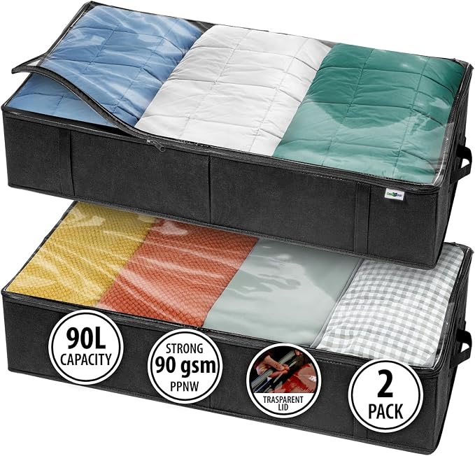 StorageExpert Under Bed Storage Containers, Closet Organizer, Black, 2 Pack | Under Bed Storage, Foldable Fabric, Large Capacity, Dustproof, Clothes Storage, Blanket Storage, Toy Organizer, Space Saving