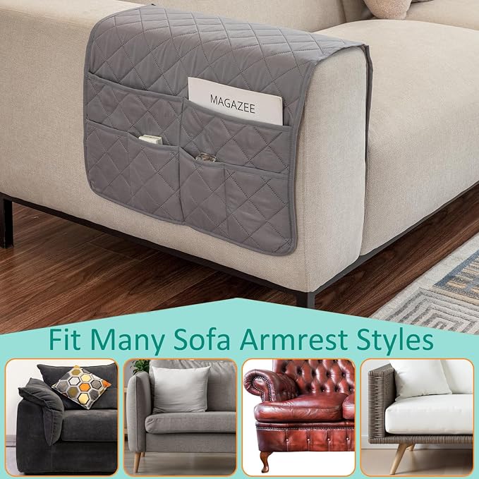 Remote Control Holder for Recliner Non-Slip Armchair Caddy Couch Armrest Organizer, Arm Chair Bedside Caddy Storage Organizer for Recliner Couch With 6 Pockets for Magazine, Tablet, Phone, iPad (Grey)