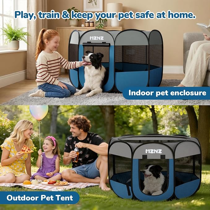 Dog Cat Small Animal Puppy Playpen Crate, Large, Grey Blue | Portable Pop Up Pet Cage Enclosure Tent Kennel Indoor Outdoor with Carrying Case, No Assembly, Camping Use