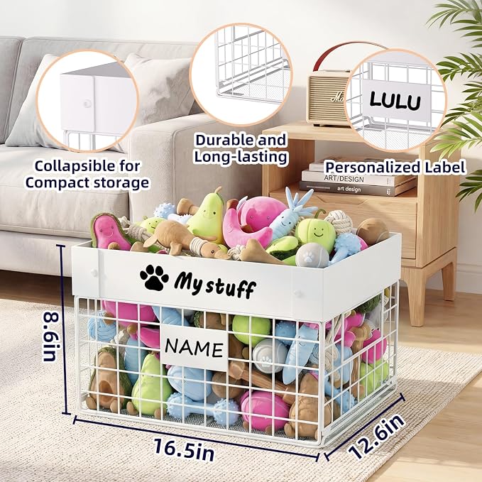 Kaiferty Indestructible X-Large Dog Toy basket, Chew-Proof Medium Toy Bin, Pet Toy Bin Dog Metal Basket for Toys, Puppy Toy Storage Organizer Blankets, Toy Box for Living Room Area (White)