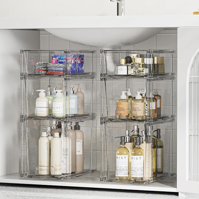 Vtopmart Clear Stackable Storage Drawers, 6 Pack Tall Organizer Set | Tall, Medium and Small Pull-Out PET Drawers with Stackable Design for Bathroom Under-Sink Storage and Vertical Organization