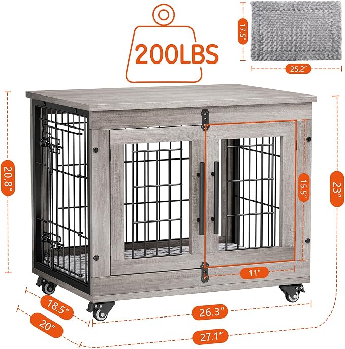 2 Pack Dog Crate Furniture, 27.1'' Heavy Duty Kennel with Cushion & Wheels | Grey, Double Doors, Wooden Dog Cage, Chew-Resistant, End Table, Decorative, 27"/32"/38"/44" Options, Indoor