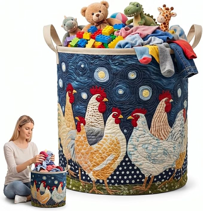 Country Rooster Laundry Basket, Vintage Quilt Style Farm Animal Storage Hamper, Traditional Western Chicken Print Dirty Clothes Bucket(16" x 22")
