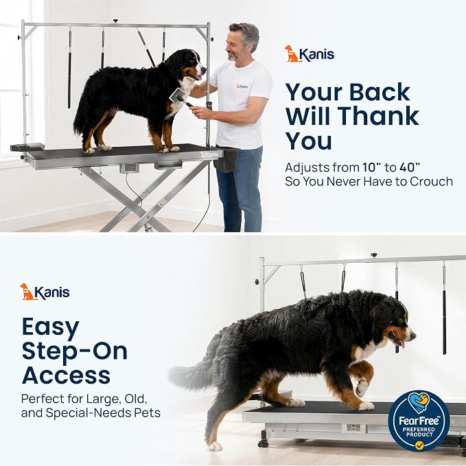 60" Professional Electric Dog Grooming Table, 304 Steel, Heavy Duty | Adjustable Table for Pet Grooming, 10-40in Quiet Lift, Grooming Arm, AC/USB Power Hub, Anti-Slip Surface, Leveling Wheels