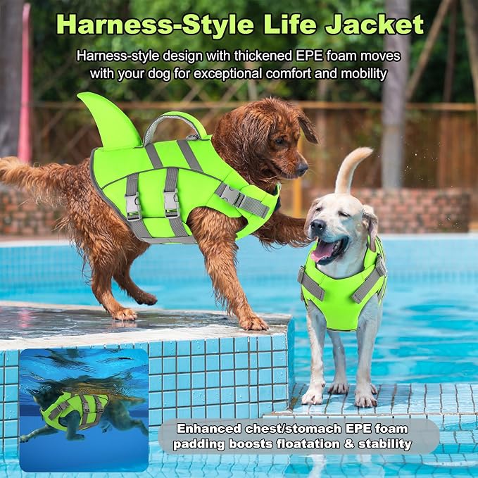 Dogcheer Shark Dog Life Jacket, High Flotation Dog Life Vest - Green,L | Adjustable Puppy Harness Swim Vest for Small Medium Large Dogs, Lifejackets with Handle for Swimming, Boating, Lake & Pool