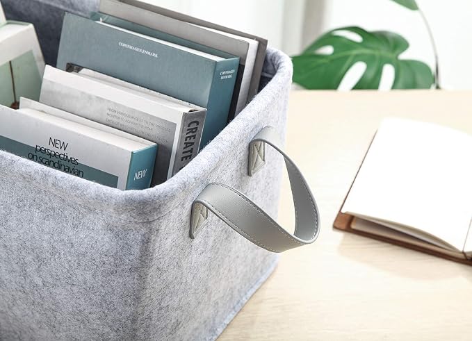 Collapsible Storage Bins Foldable Felt Fabric Storage Basket Organizer Boxes Containers with Handles PU Handles for Nursery Toys,Kids Room,Clothes,Towels,Magazine (PU-Light grey, 15.9L×11W×9.8H)
