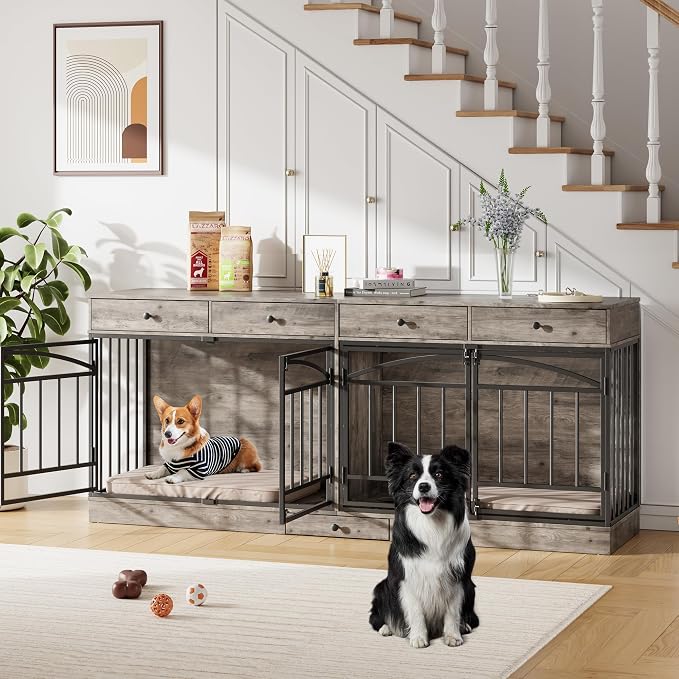 IDEALHOUSE 78.7" Double Dog Crate Furniture with Storage and 4 Doors, Grey | Dog Kennel Indoor with Feeding Bowls, Wood Dog Crate TV Stand for Small Medium Dogs