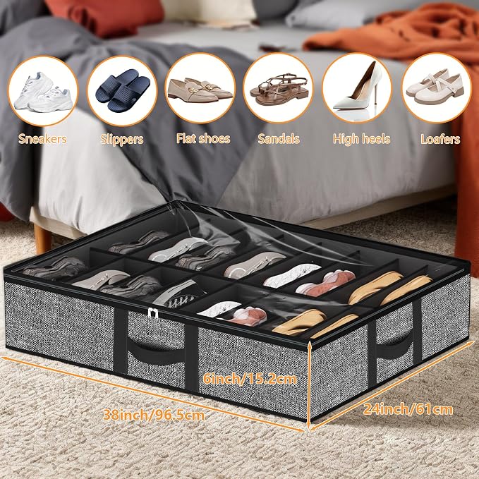 Under Bed Shoe Storage Organizer Fits 16 Pairs Shoes and 4 Pairs Boots, Underbed Shoe Storage Boxes Bins, Organizador De Zapatos, Extra Large Zapateras Organizer for closet, Black, Set of 2