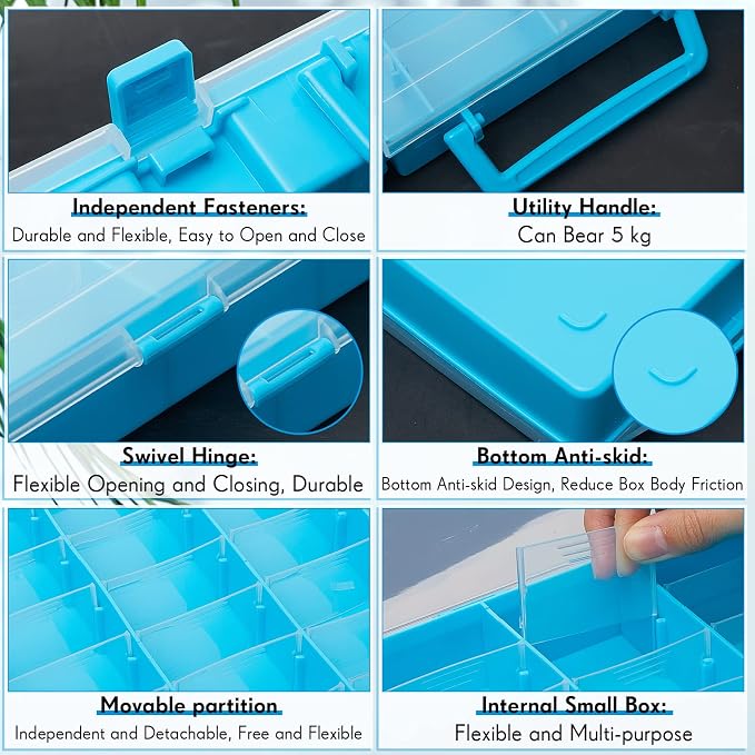 Juexica 2 Pcs 48 Grids Plastic Bead Organizer Box with Divider, Blue