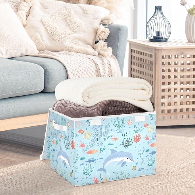 Blue Dolphin Storage Container Storage Organizer Bins With Lid Handle for Blanket Under Bed