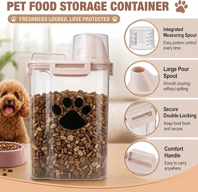 Dog Storage Container with Cleaning Brush and Measuring Cup | Airtight Portable Pet Food Containers with Upgraded Large Spout and Cup for Dogs,Cats,Birds,Small Animals(White)