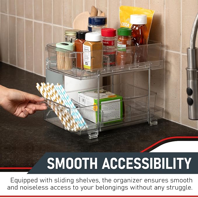 Masirs 2-Tier Clear Pull-Out Drawer Organizer - Sleek, Compact & Sturdy Makeup and Closet Organizer - Easy Assembly Kitchen Storage Solution, Ideal for Makeup, Tools, Medicines & Snacks - Pack of 2