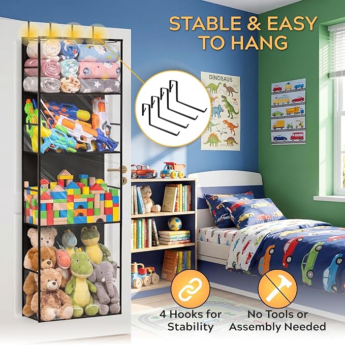 Over the Door Stuffed Animal Storage with Clear Dust Cover | 4 Tier Extra Large Hanging Toy Organizer for Plush Toys, Nursery Bedroom and Kids Room Storage