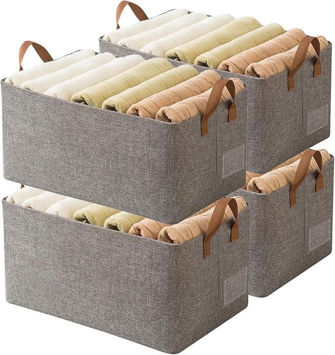 AARAINBOW Linen Closet Organizer Storage Bin with Steel Frame, Stackable Fabric Jeans Baskets for Shelves, 4 Packs Foldable Wardrobe Clothes Box for Sweater Pants Towel Shirt Storage, 23L Gray