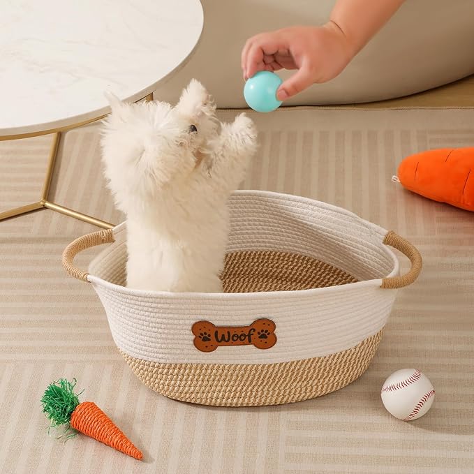 Dog Toy Basket, Dog Toy Box Organizer Baskets, Woven Cotton Rope Pet Puppy Dogs Toy Bin With Handle, Chew Toys Blankets Leashes Storage Baskets for All Pets - Puppies to Large 14" L x 10.2" W x H 7.9"