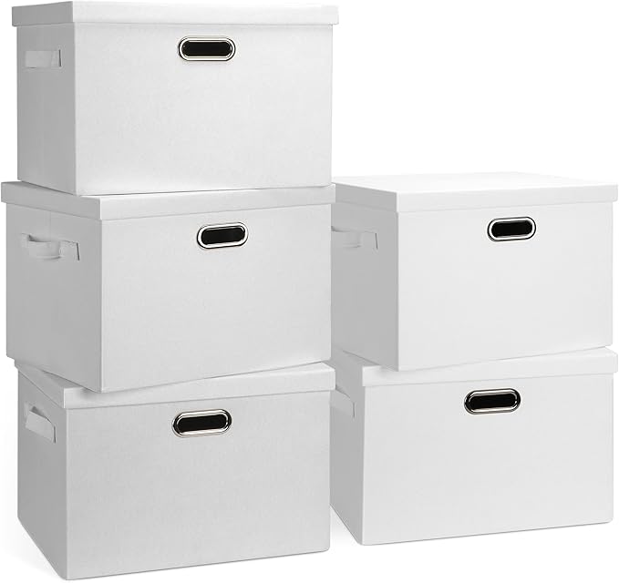 Graciadeco Large 17" 36 Quart Collapsible Stackable Storage Bins with Lids, 5 Packs White Linen Fabric Closet Boxes with Lids, Storage Cube Baskets Container Organizers for Bedroom Office(17 x12 x11) | 36 Quart 5 Pack White Collapsible Stackable Linen ...