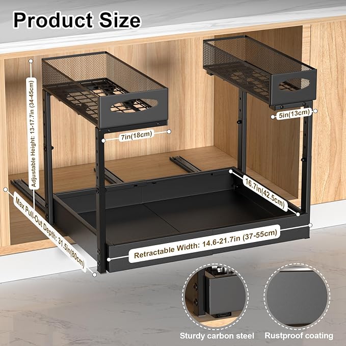 Housolution Pull Out Under Sink Organizer | 14"-21" Width Expandable & 13"-17" Height Adjustable