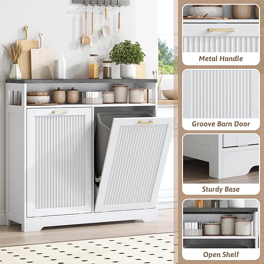 Pet-Proof Double 13 Gallon Tilt Out Trash Can Cabinet with Open Storage – Hide Garbage & Recycling Bins to Keep Your Kitchen Clean and Organized,White