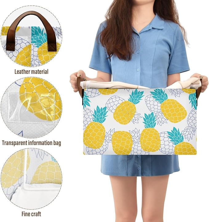 Aqua Blue and Yellow Pineapple Storage Basket Foldable Cube Storage Bins with Handles&Label Waterproof Collapsible Organizer Box Bin Large Rectangle Decorative Baskets for Shelves Home Room Laundry