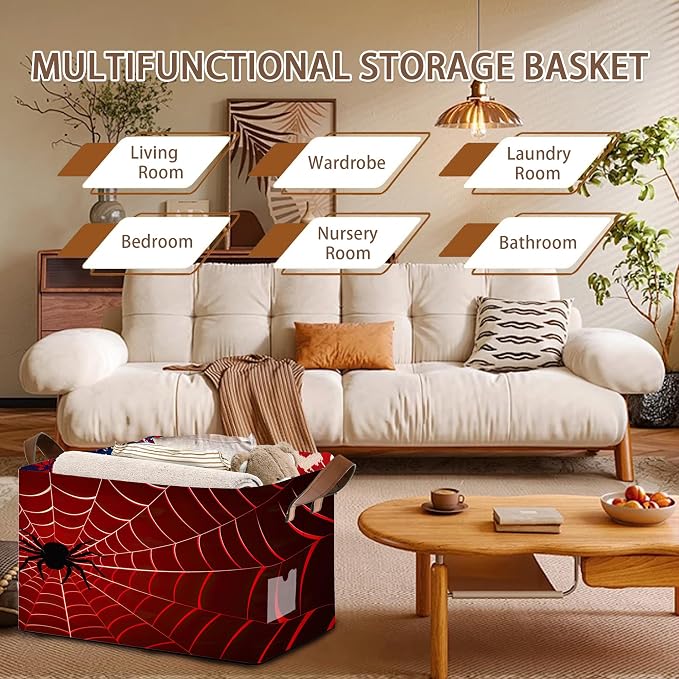 Red Spider Web Pattern Collapsible Box - 17x11.5x10.5 Inch Foldable Organizer for Seasonal Decor, Closet, Under Bed,Halloween Decor, Gothic Storage - Space-Saving Single Pack