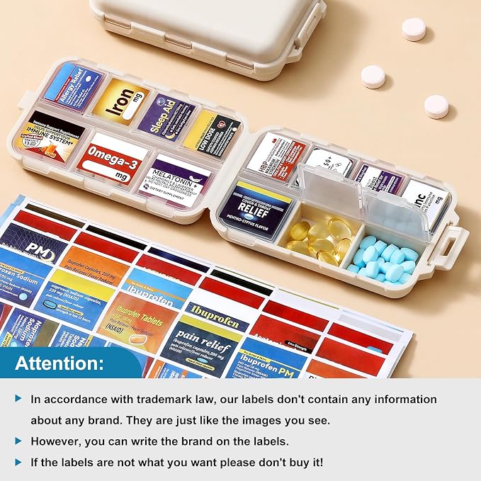 14 Grids Travel Pill Organizer Box with 415-Pcs Medicine Name Labels - Pocket Daily Pharmacy Case Container Kit - Travel Medication Holder Dispenser for Fish Oil Vitamin Supplement Storage - Khaki