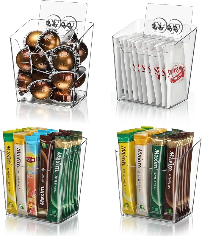 4-Pack Drink Packet Organizer, Kitchen Cabinet Door Organizer Adhesive | Acrylic Wall-Mounted Organizer, Clear Storage Bin Holder Box, Pantry Organizer Wall Caddy for K cup/Sewing Tool/Laundry Pods