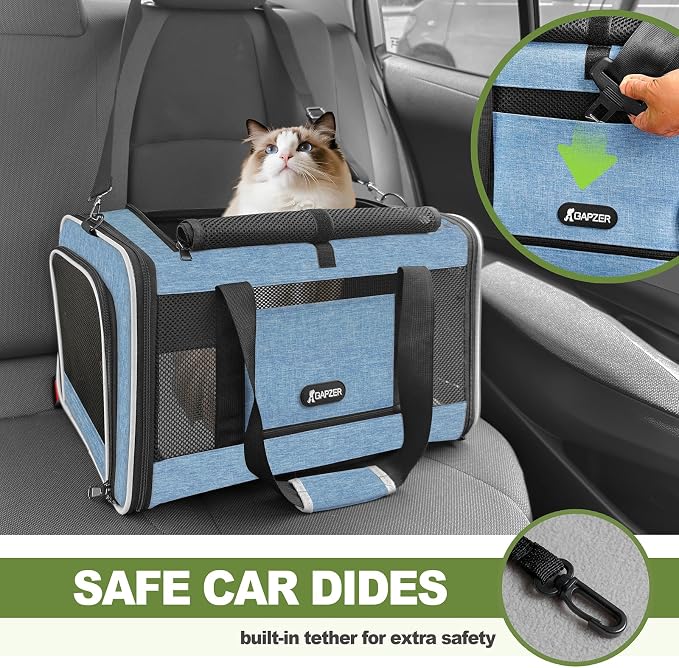 GAPZER Cat Carrier 18 x 11 x 11 Top Loading Soft Pet Travel Bag Over 15lbs | Portable Small Dog Puppy Car Travel Crate 10 lbs, Chihuahua Kennel Carry Case, Kitty Cloth Cage Medium Cat Under 25 lbs Blue