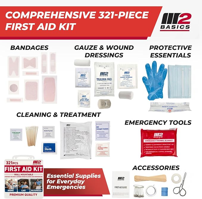 M2 BASICS 321 Piece Premium First Aid Kit, w/Hard Case for Home, Business | Office, Workplace, Warehouse, Vehicle, Jobsite, Garage, Family, Classroom, School, Kitchen, RV And Emergency Readiness