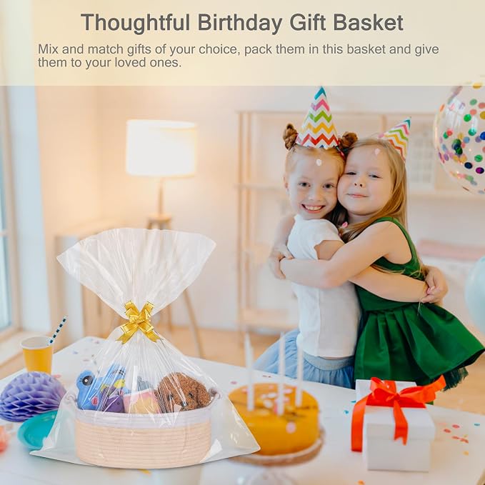 Small Empty Gift Basket with Bag & Ribbons, White & Beige | 12“x8”x5”, Cotton Rope Woven Basket for Birthdays, Baby Showers, Mother's Day, Christmas; Stores Small Items, Kids & Pet Toys
