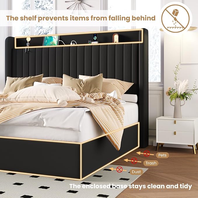 SHA CERLIN Full Size Lift Up Storage Bed Frame, Charging Station, Black | Storage Headboard with Charging Station, USB, Type-C Port Velvet Hydraulic Storage Bed No Box Spring Needed Noise Free