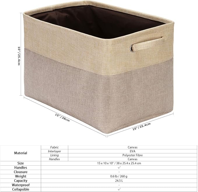 Sea Team Large Rectangle Canvas Open-Top Storage Baskets, 3-Pack | Collapsible Fabric Storage Bins with Handles, Closet Shelf Organizers, 15 x 10 x 10 Inches, Tan & Beige