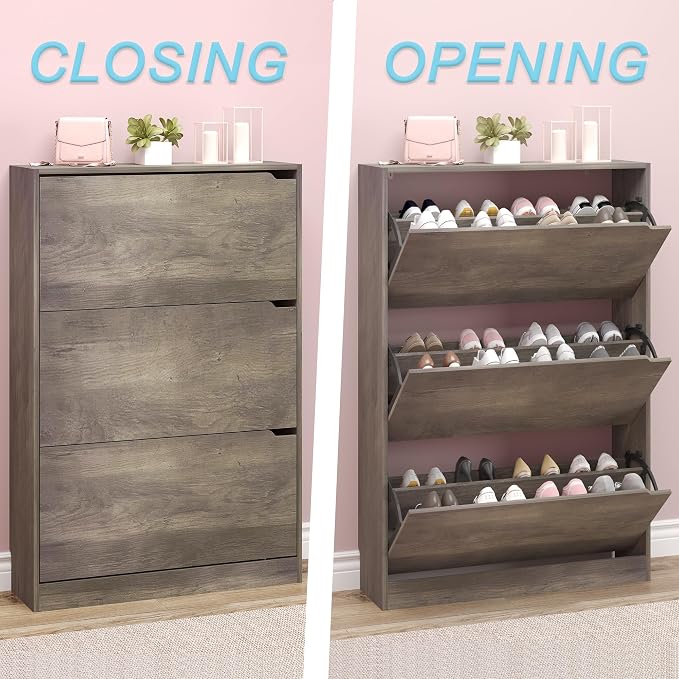 BORNOON Shoe Cabinet with 3 Flip Drawers, Hidden Wood Shoe Cabinet,Freestanding Shoe Storage Cabinet for Entryway Hallway