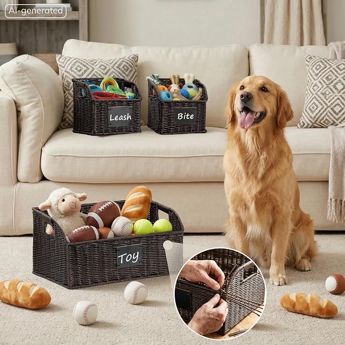 BROWNLILY Storage Box Set of 3, Black | Aesthetic Wicker Pet Storage Baskets with Chalkboard Labels - Low-Front Rattan Bins for Dog, Treats & Leash Organizer