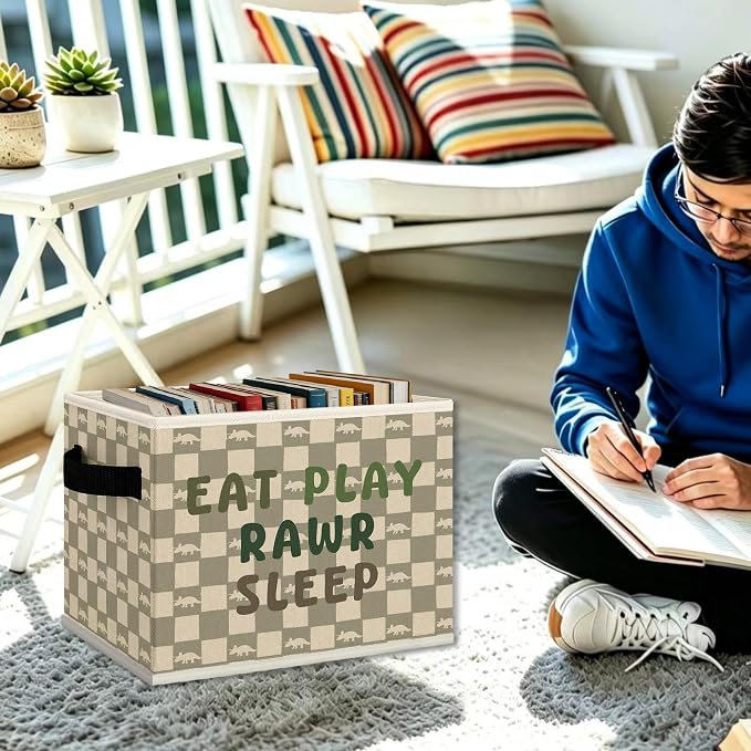 Dinosaur Nursery Cube Storage Bins with Handles, Eat Play Rawr Sleep Playroom Collapsible Fabric Storage Basket Boxes Books Clothes Organizer for Kids Toddler Boys Room Bedroom Bathroom