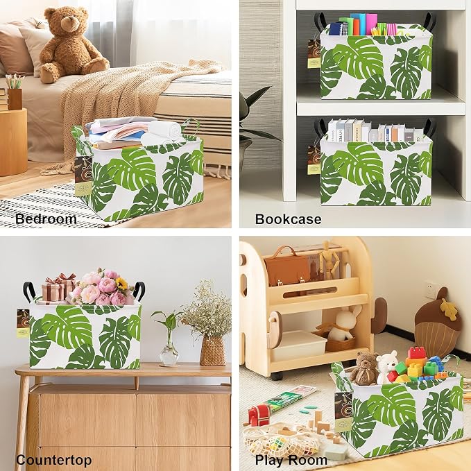 Rectangle Foldable Storage Basket Handles For Home, Leaf | Waterproof canvas material, reinforced handles, perfect for shelf use, organizes clothes, daily items and pet supplies