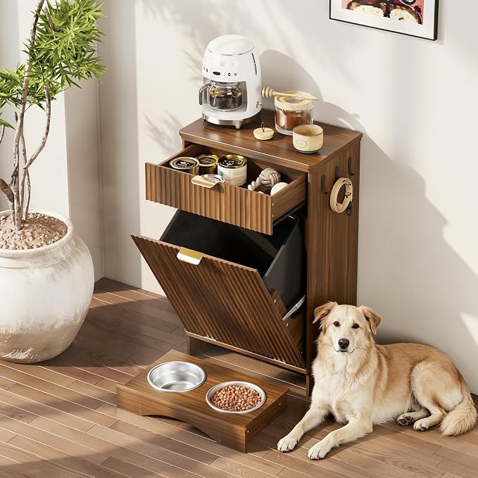 Dog Feeding Station with Storage Cabinet & 2 Elevated Bowls,Hooks,Walnut | Flip-top Sealed Food Bin.Pull-out Bowl Drawer with Wheels.Side Hooks for Leashes + Internal Shelf for Cans.For Dogs/Cats.