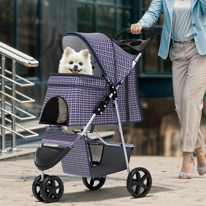 Magshion 3-Wheel Pet Stroller for Small/Medium Dogs & Cats, Up to 33lbs | Foldable Travel Jogger w/ Breathable Mesh Cover, Lightweight Design, Safety Tethers, Cup Holder & Storage Basket