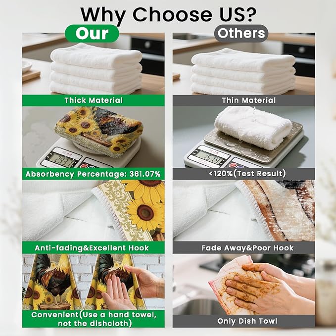 CUTHOLLOW Rooster and Sunflower Hanging Kitchen Towels with Loop, Set of 2 - Soft & Super Absorbent Microfiber Decorative Hanging Dish & Hand Towel, Tea, Coffee Towel for Kitchen Bathroom Oven Handle