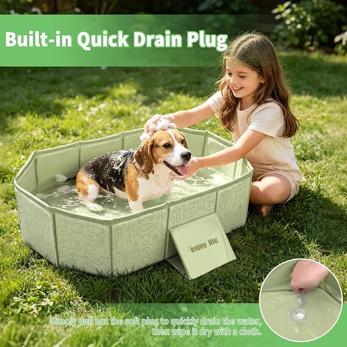 YUEPET Foldable Dog Bathtub for Small-Medium Dogs, Portable Dog Tub, Green | Pet Bathtub and Dog Bath Tub, Drain Plug, Non-Slip PVC Bottom, Folds Flat for Storage, Puppy Pool Use, Small and Medium Dogs