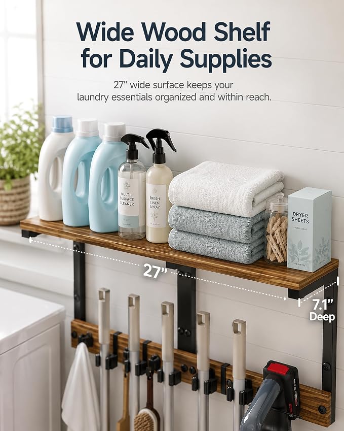 Broom and Mop Holder Wall Mount, 27" Large Organizer with Wood Shelf | Vacuum Holder, 5 Heavy-Duty Grippers, 5 Movable Metal Hooks for Laundry Room, Garage and Utility Closet Organization