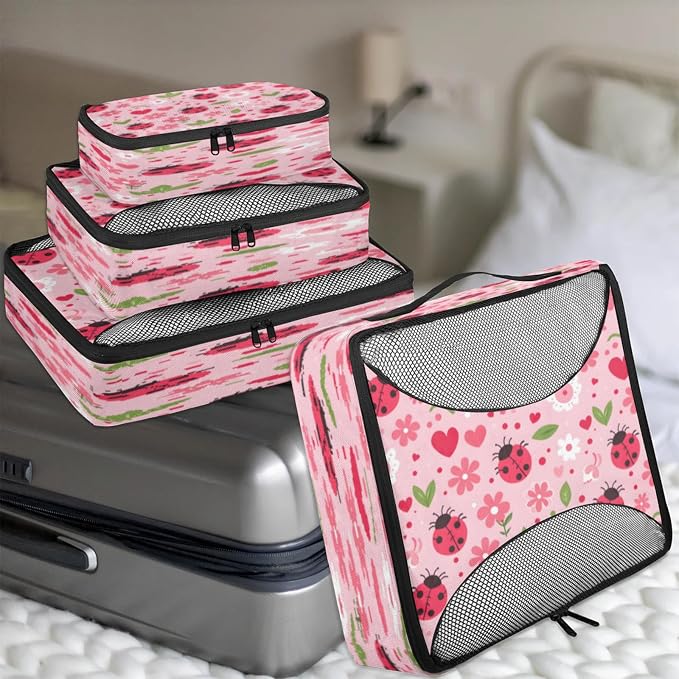 4 Set Packing Cubes for Travel, Daisy and Ladybugs Packing Cubes for Women, Travel Luggage Packing Organizers, Packing Cube Set, Daisy Flowers
