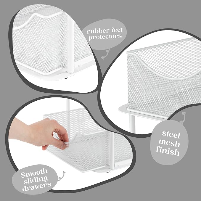 Sorbus Pull-Out Under Sink Organizer, Mesh Construction (White, 1 Pack) | Two-tier metal organization with strong steel and sliding drawers for bathrooms, kitchens, cabinets, closets and pantries.