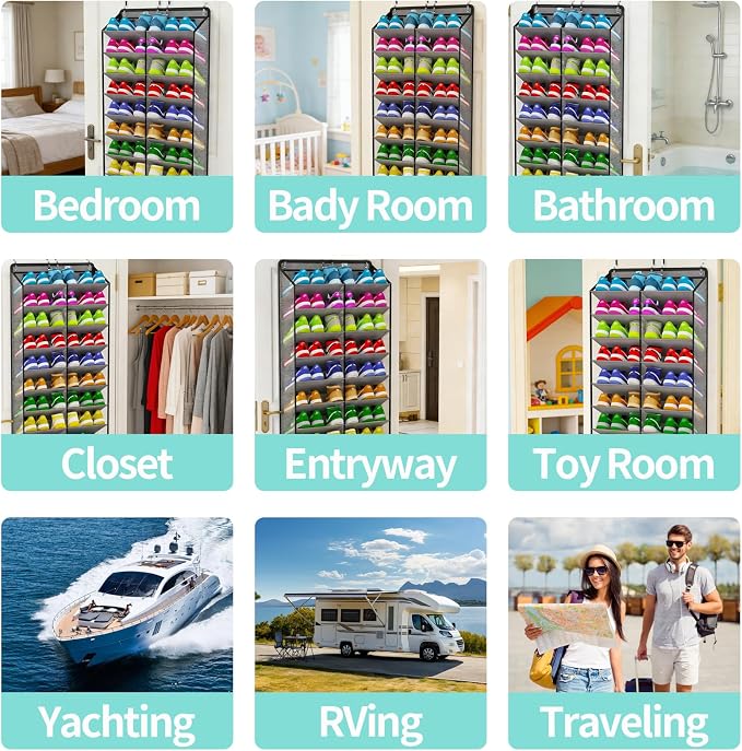 Large Shoe Rack for Door 74 x 24 Inches, Over the Door Shoe Organizer, Heavy-Duty Hanging Shoe Storage for Closet, Extra-Wide 30 Pairs Shoe Holders Fit Family Sneakers Heels Boots - Grey