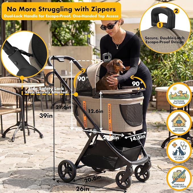 PAWZIDEA Pet Stroller 4-in-1, Foldable Dog Stroller with Detachable Carrier | Escape-Proof No-Zip Canopy, Portable Travel Crate & Car Seat Combo, for Small to Medium Dogs & Cats up 33 lbs, Storage Basket