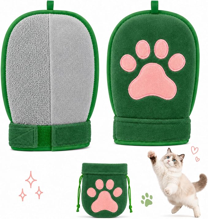 Paw Shape Pet Hair Remover Glove & Fur Storage Bag Set for Cats and Dogs (Green), Washable Pet Hair Remover, Soft Lint Cleaning Glove for Sofa Carpet Bed Clothes