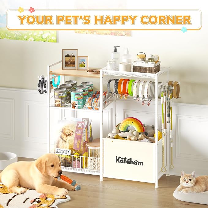 KAFAHOM Dog Toy Basket with Collar Leash Holder Hooks, Large Pet Bin, Dog Toy Box for Living Room Area, Cat Stuff Storage Organizer with Cabinet and Can Dispenser, Great Gifts for Pet Lovers