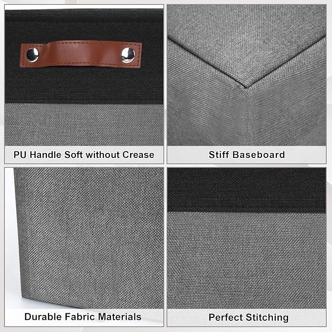 Bagnizer Large Fabric Storage Baskets | 50L Storage Bins, Decorative Linen Closet Baskets with Handles for Organizing, Shelf, Toys, Clothes, Home, Office, Nursery, 17x12x15Inches (Gray&Black)