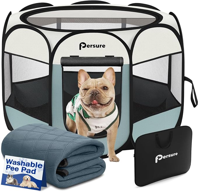 Persure Dog Cat Pet Playpen Puppy Crate Cage for Indoor Outdoor Travel | Nursing Rest Zone Recovering Pet Quarantine Room Portable Pop Up Easy to Set up lightweight Carrying Bag(Grey with Pad,Large）