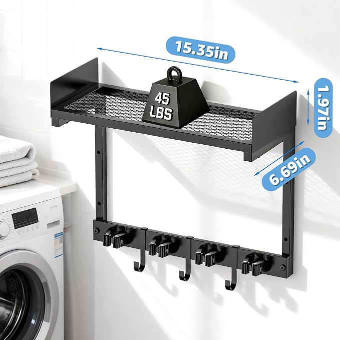 HUFAND 15" Wall Mounted Broom Holder and Mop Organizer with Shelf and Hook | Black Broom Holder Wall Mount, 4 Grippers, 3 Movable S-Hooks, For Garage And Laundry Room Storage