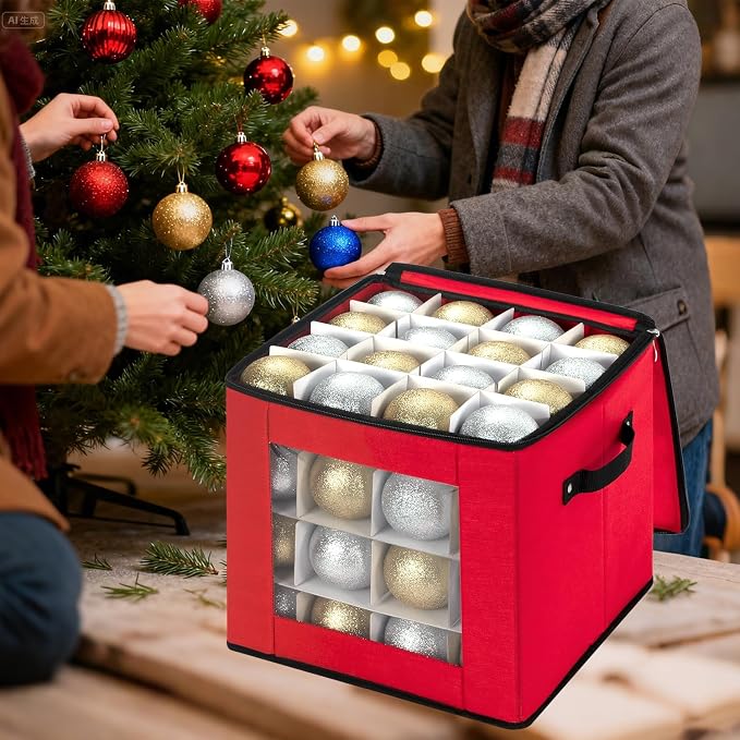 Christmas Ornament Storage Box with Adjustable Dividers, Premium Holiday Ornaments Storage Container Bin with Zippered Top for Xmas Decorations (64-3" Balls, Red, Without Tray)